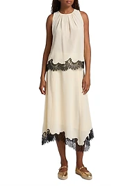 Rosine Asymmetric Contrast Lace-Trimmed Silk Midi-Skirt