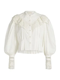 Esther Pleated Lace-Trim Cotton Blouse