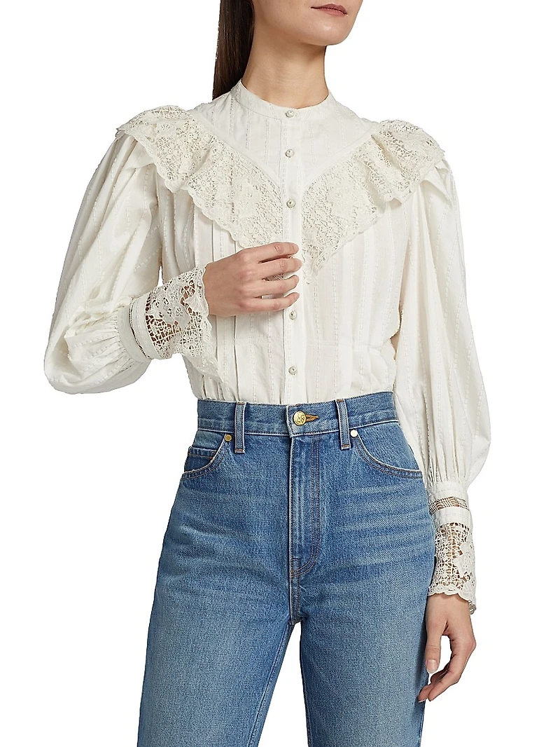 Esther Pleated Lace-Trim Cotton Blouse