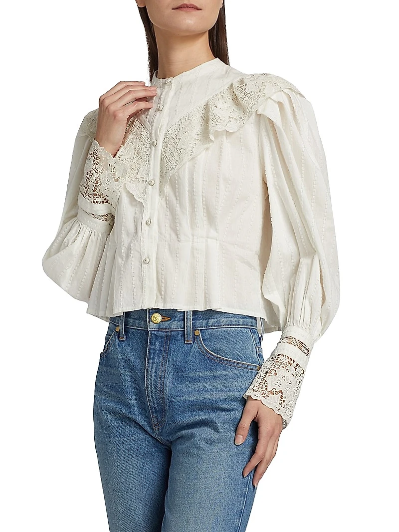 Esther Pleated Lace-Trim Cotton Blouse