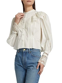 Esther Pleated Lace-Trim Cotton Blouse