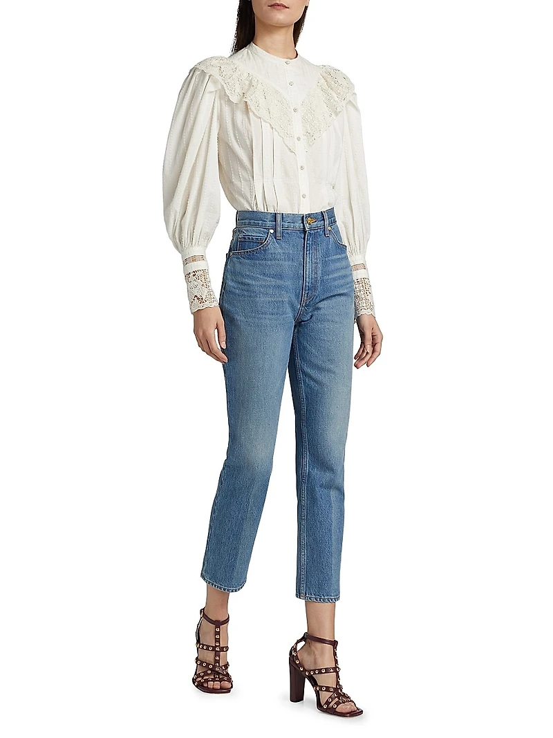 Esther Pleated Lace-Trim Cotton Blouse