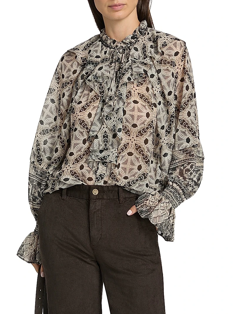Glimmer Printed Ruffle-Trimmed Blouse