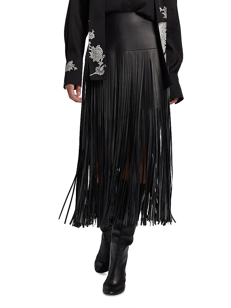 Monte Fringed Leather Midi-Skirt