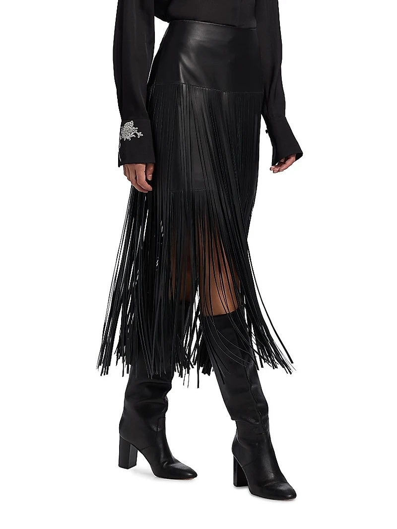 Monte Fringed Leather Midi-Skirt
