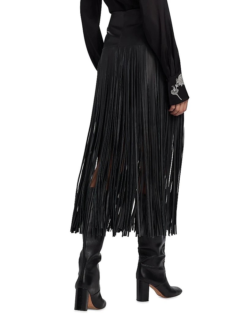 Monte Fringed Leather Midi-Skirt
