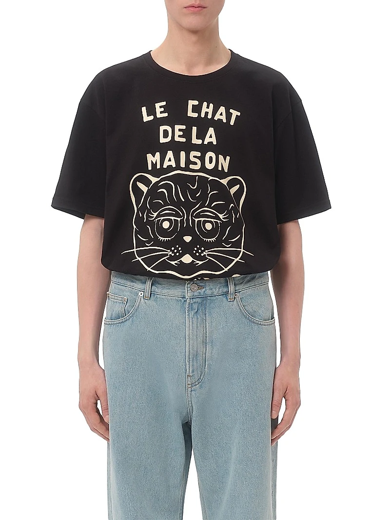 Cotton T-Shirt with Chat De La Maison Print