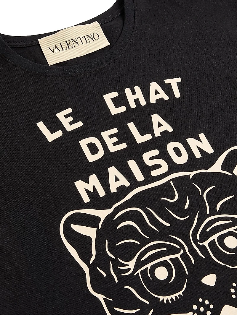 Cotton T-Shirt with Chat De La Maison Print