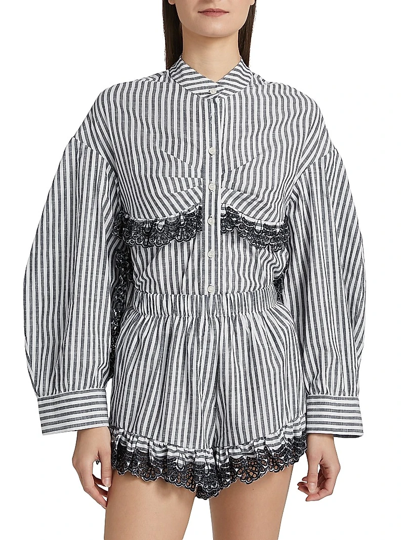 Momoyo Lace-Trim Striped Cotton Shirt