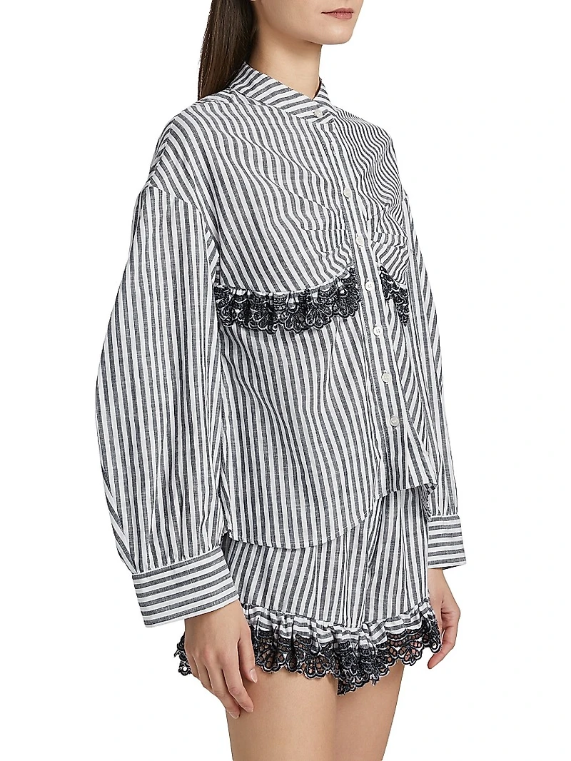 Momoyo Lace-Trim Striped Cotton Shirt