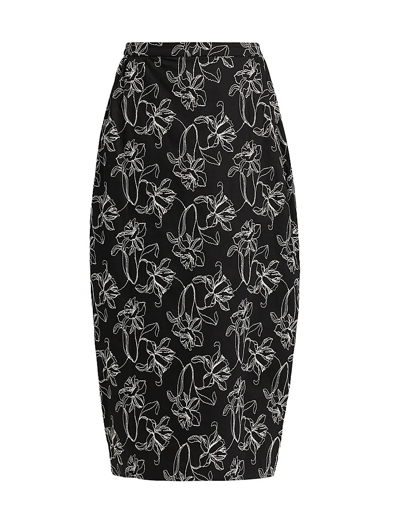 Toshiko Floral-Embroidered Cotton Midi-Skirt