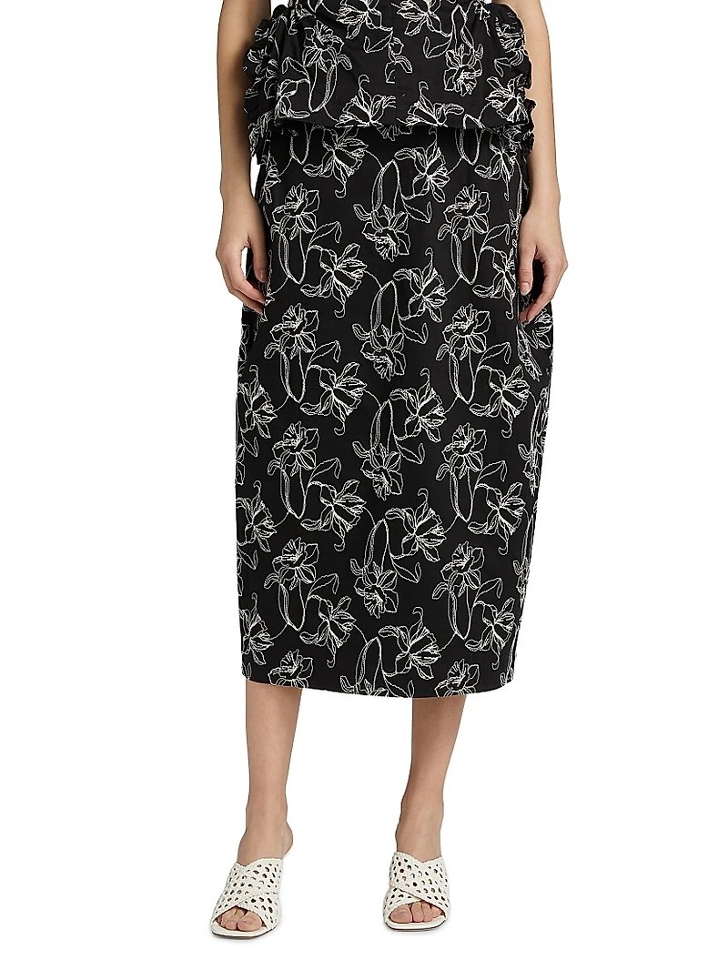 Toshiko Floral-Embroidered Cotton Midi-Skirt