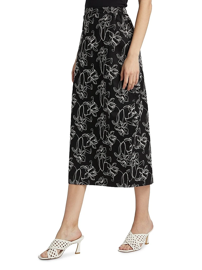 Toshiko Floral-Embroidered Cotton Midi-Skirt