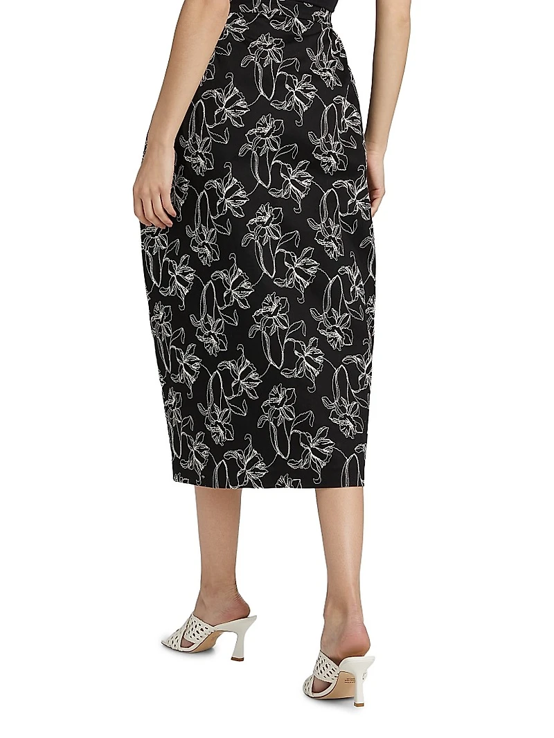 Toshiko Floral-Embroidered Cotton Midi-Skirt