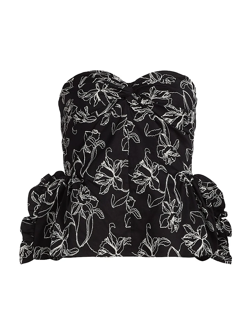Tasha Floral-Embroidered Cotton Bustier Top