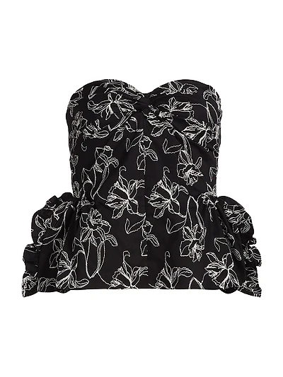 Tasha Floral-Embroidered Cotton Bustier Top