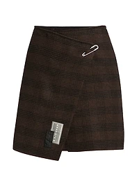 Check Wool-Blend Wrap Miniskirt