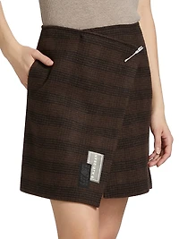 Check Wool-Blend Wrap Miniskirt