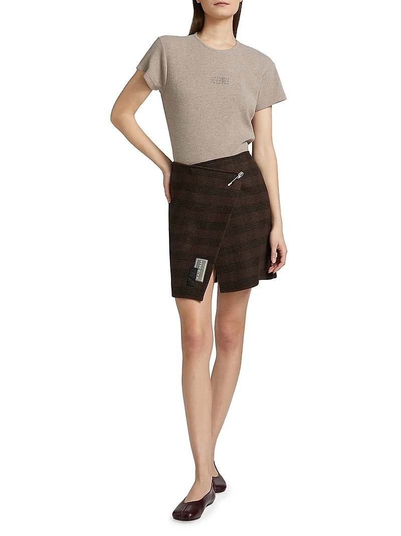 Check Wool-Blend Wrap Miniskirt