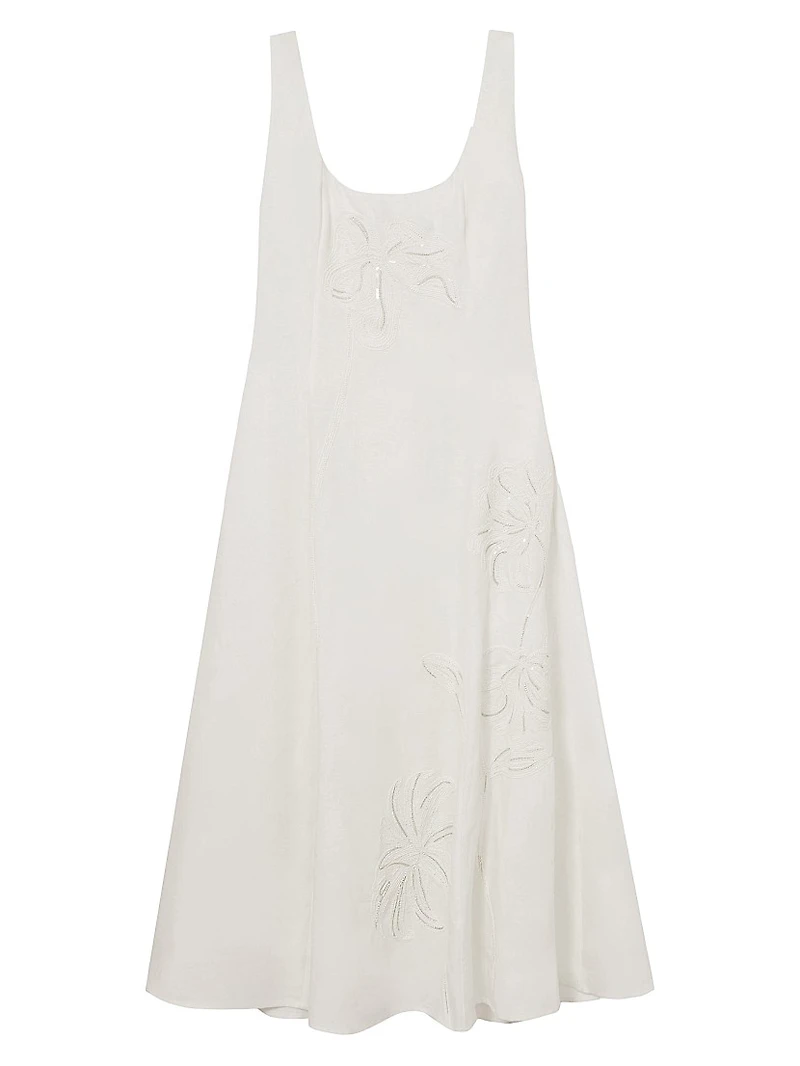 Elise Embellished Floral-Embroidered Linen A-Line Midi-Dress
