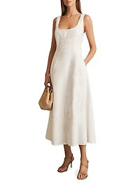 Elise Embellished Floral-Embroidered Linen A-Line Midi-Dress