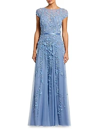 Evening Floral-Embroidered Mesh Gown