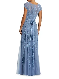 Evening Floral-Embroidered Mesh Gown