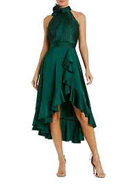 Cocktail Satin Rosette-Detailed Halterneck Dress