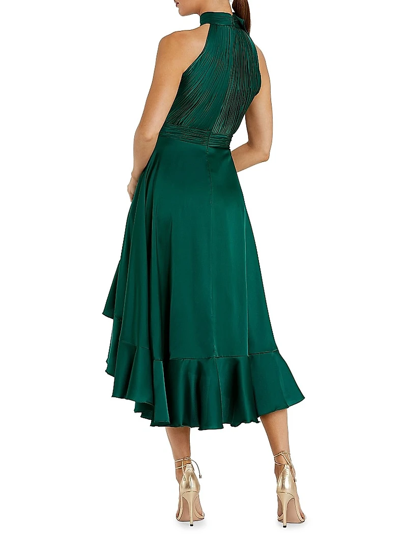 Cocktail Satin Rosette-Detailed Halterneck Dress