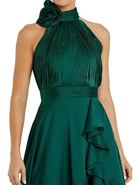 Cocktail Satin Rosette-Detailed Halterneck Dress