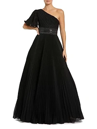 Ieena 1 Pleated Georgette One-Shoulder Gown