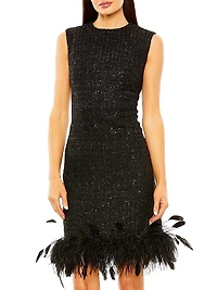 Ieena 2 Feather-Trimmed Tweed Sheath Midi-Dress