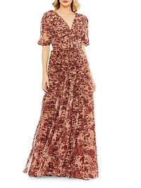 Floral Mesh V-Neck Gown