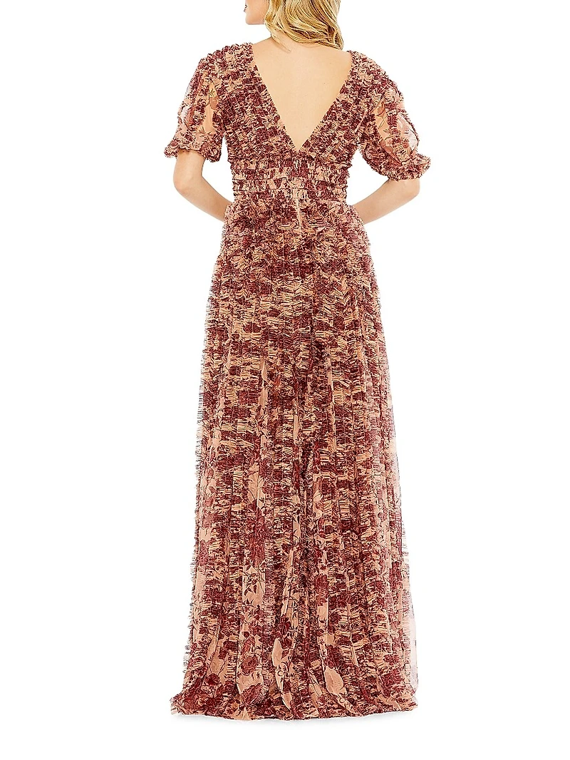 Floral Mesh V-Neck Gown