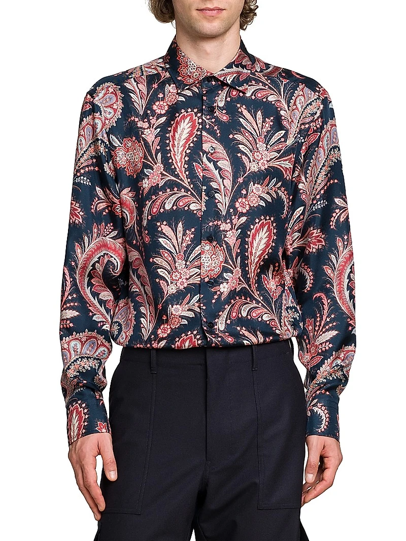 Paisley Silk Button-Front Shirt