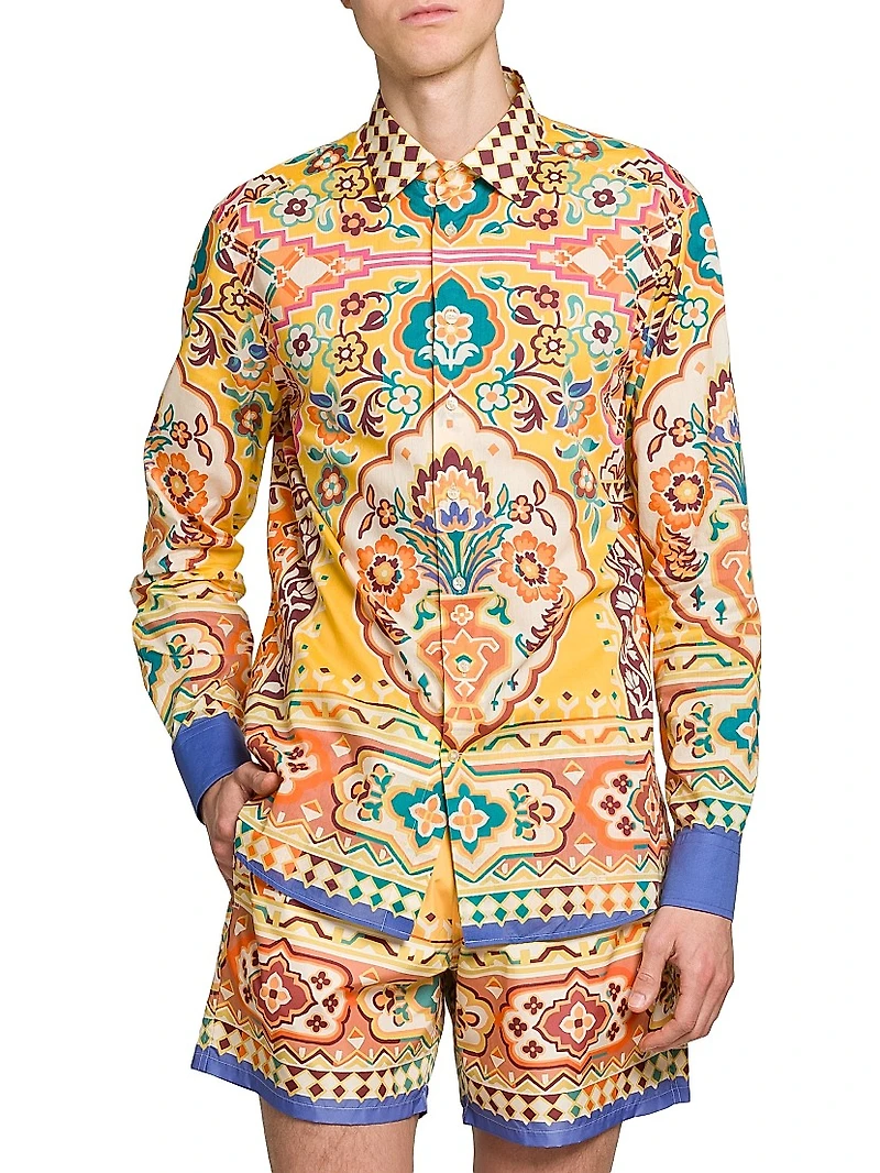 Tile Printed Cotton Button-Front Shirt