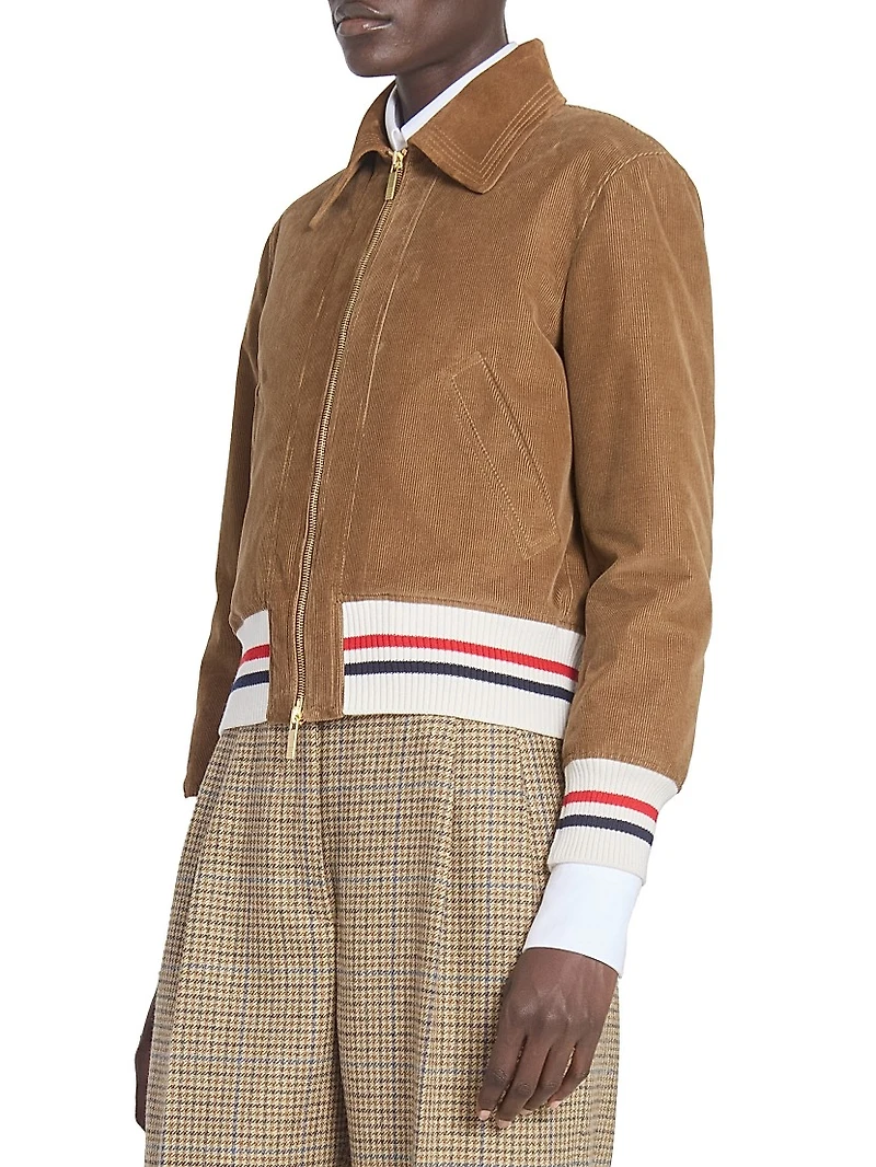 Contrast-Striped Hem Corduroy Crop Jacket