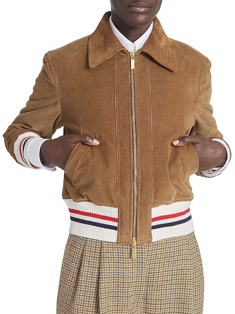 Contrast-Striped Hem Corduroy Crop Jacket