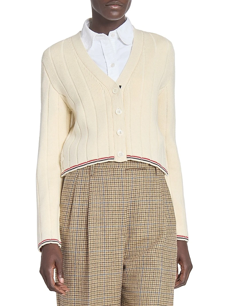 Ladder-Stitch V-Neck Wool Cardigan
