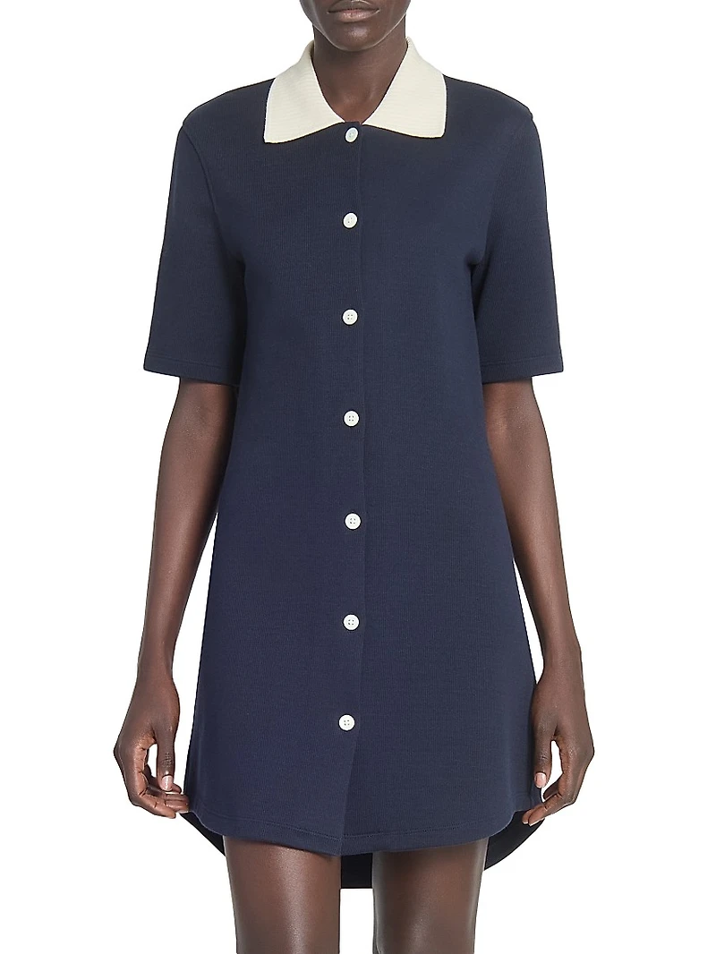Contrast-Trim Cotton Short-Sleeve Mini-Shirtdress