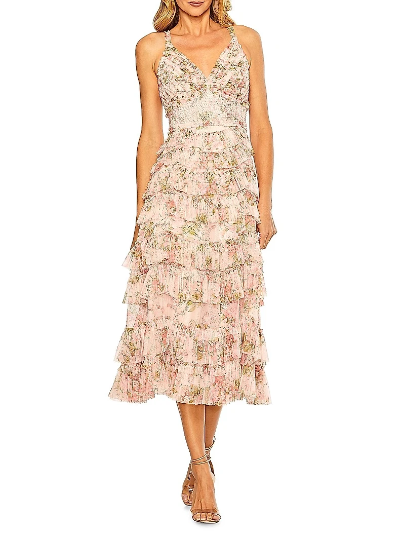 Floral Ruffled Sleeveless Midi-Dress