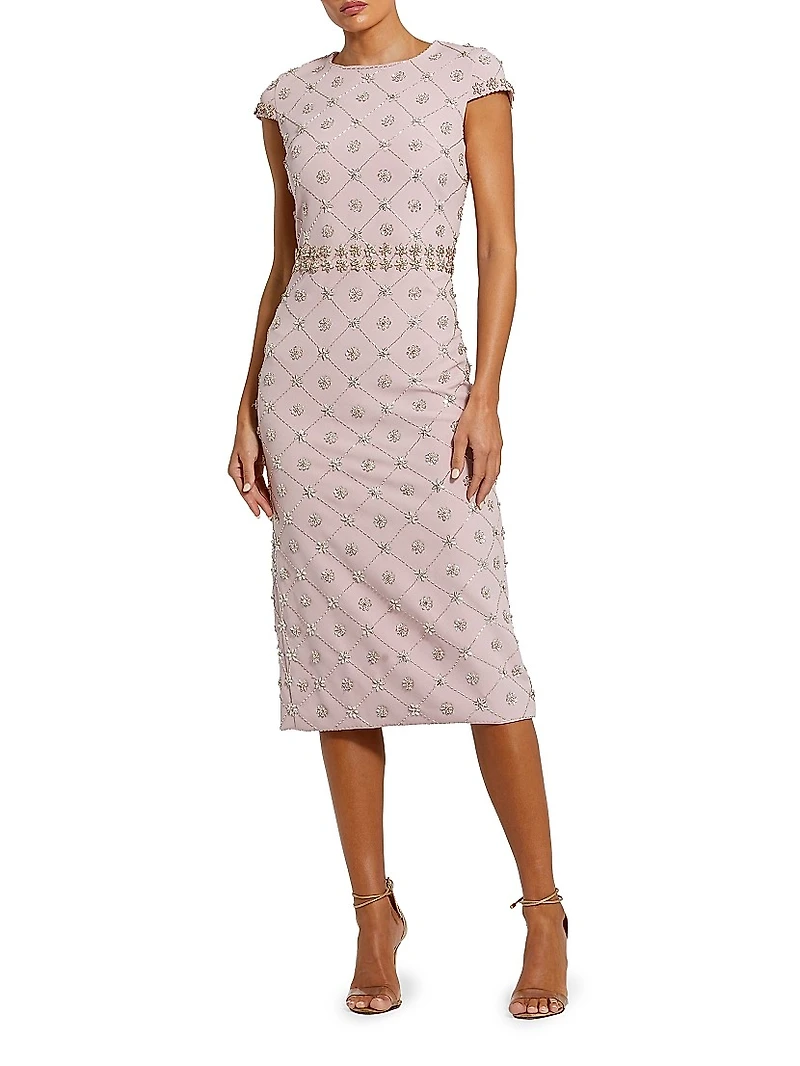 Hand-Embellished Cap-Sleeve Midi-Dress