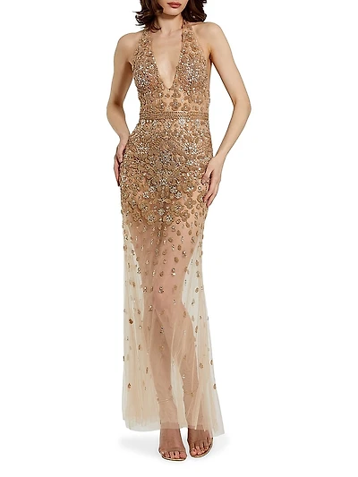 Ieena Halterneck Embellished Sheer Gown