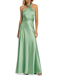 Halter Neck Tie-Back Ruched Satin Gown
