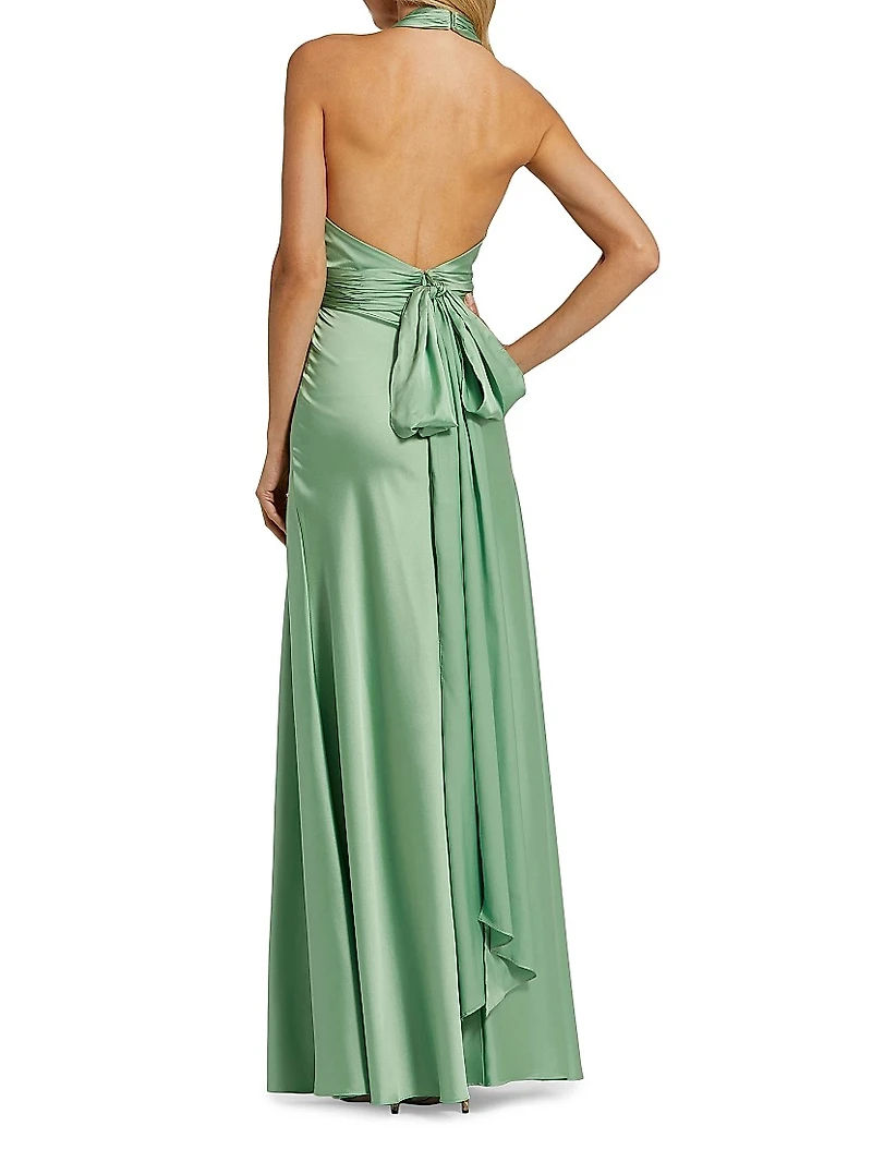 Halter Neck Tie-Back Ruched Satin Gown
