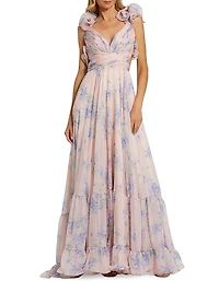 Ruffle Tiered Floral Cut-Out Chiffon Gown