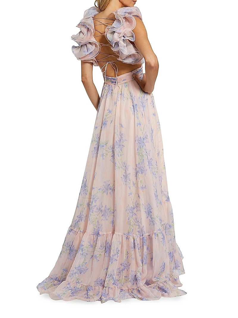 Ruffle Tiered Floral Cut-Out Chiffon Gown