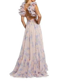 Ruffle Tiered Floral Cut-Out Chiffon Gown