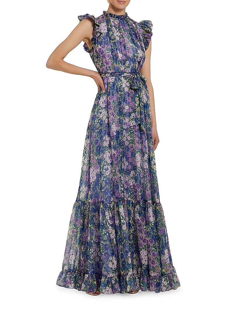 Ieena Floral Print Chiffon Ruffle Gown
