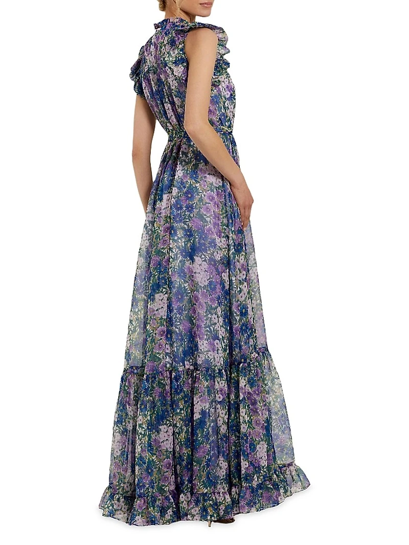 Ieena Floral Print Chiffon Ruffle Gown